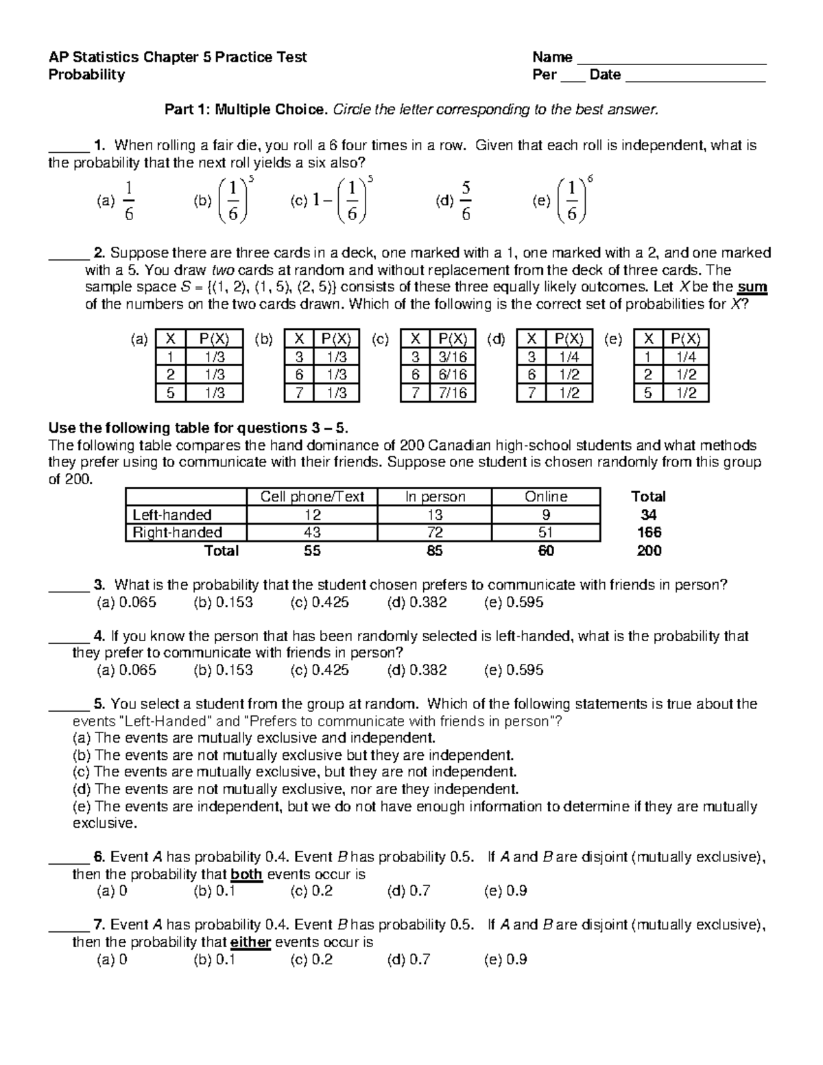 Chapter 5 Practice Test - AP Statistics Chapter 5 Practice Test Name