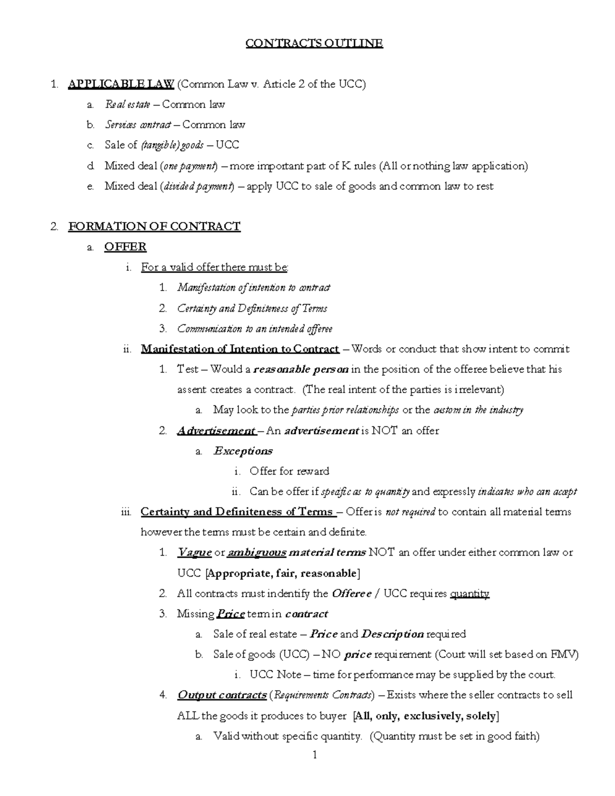 Contracts Outline: Key Principles of Common Law & UCC - Studocu