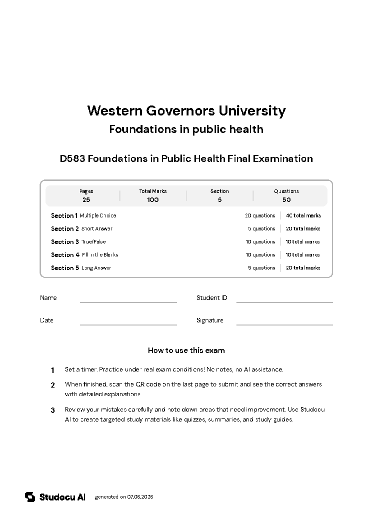 D583 Foundations in Public Health Final Exam - Studocu