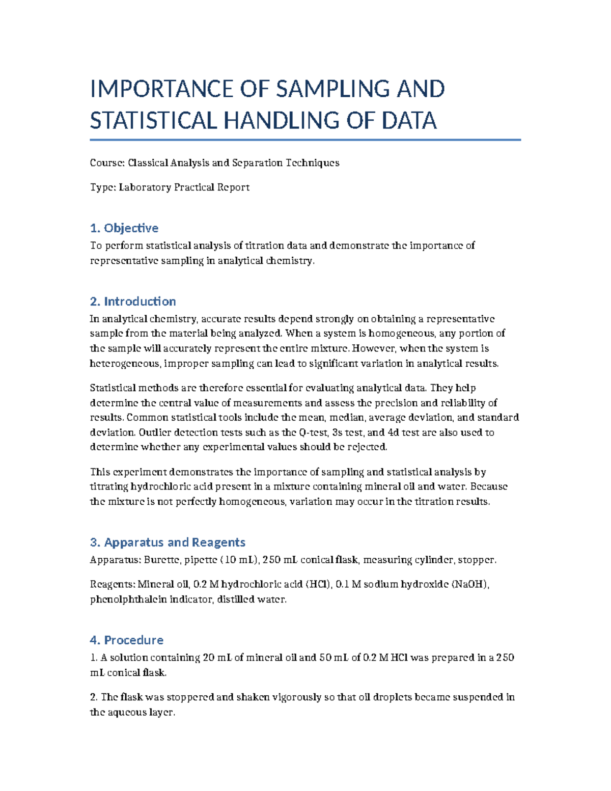 Classical Analysis and Separation Techniques Lab Report: Sampling ...