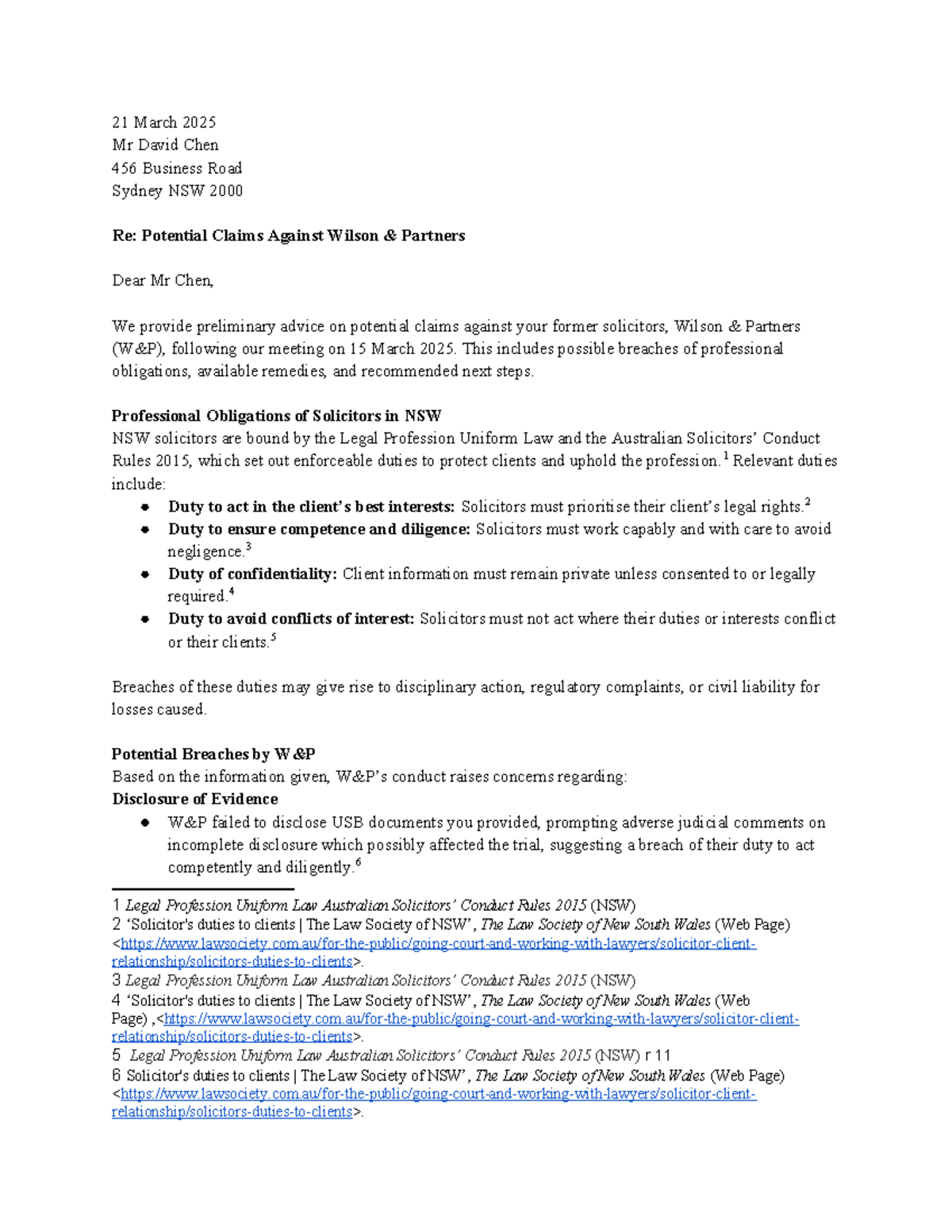 Potential Claims Against Wilson Partners: Legal Advice Memo (Laws1100 ...