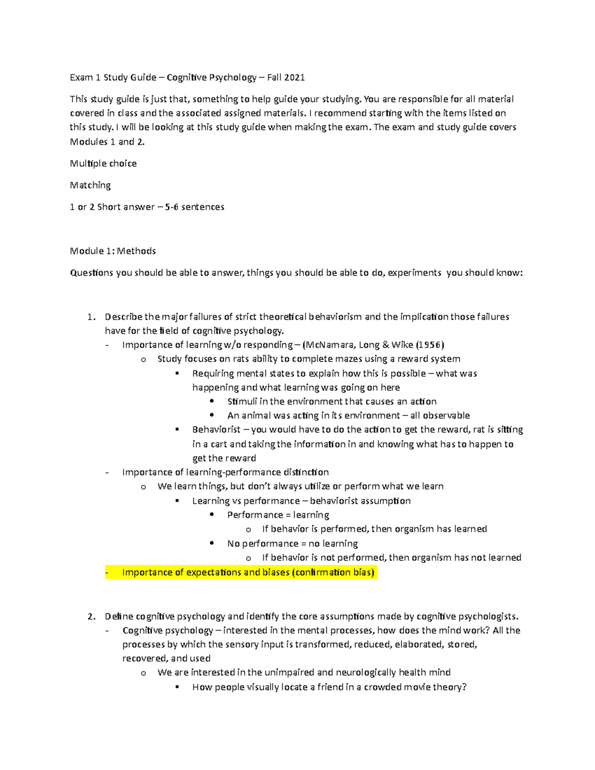 Cog Psych Exam 1 notes - Exam review - Exam 1 Study Guide – Cognitive ...