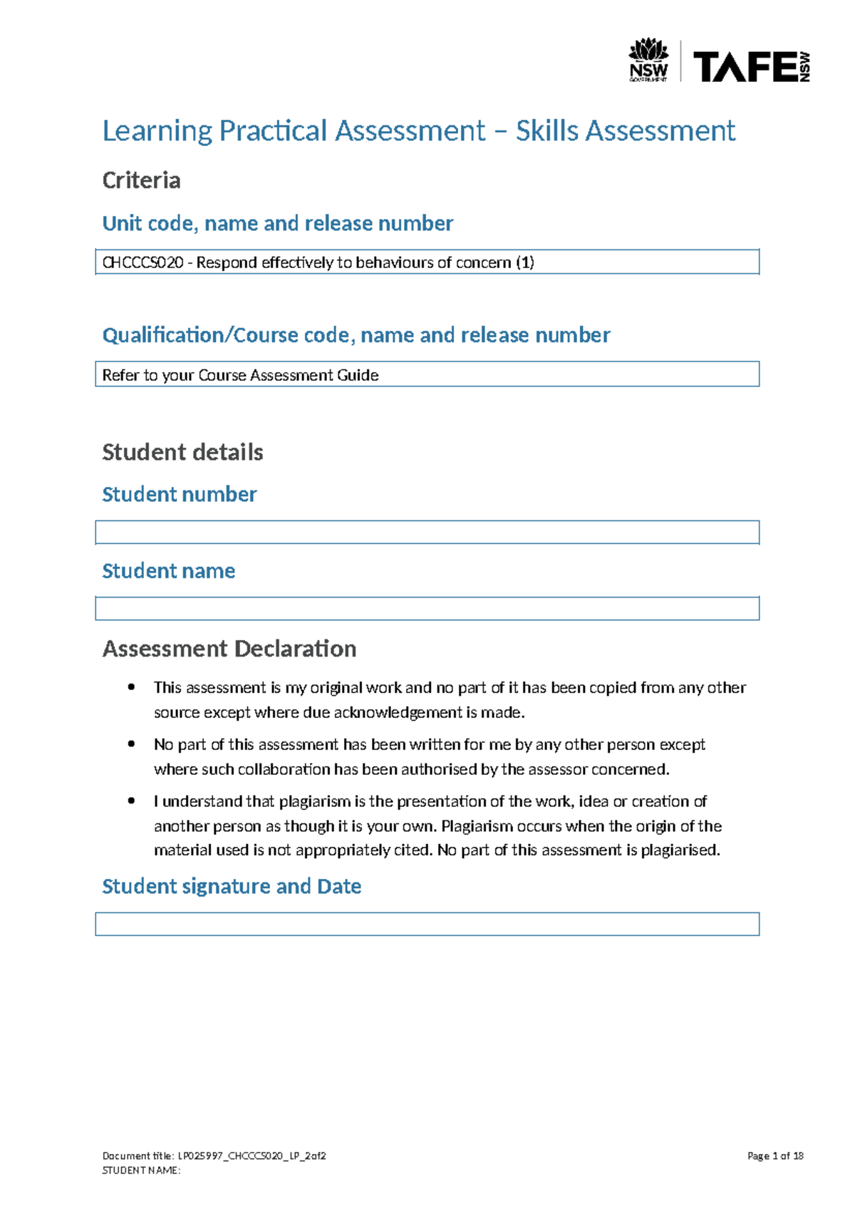 CHCCCS020 Final Practical Assessment: Responding to Behaviours of ...