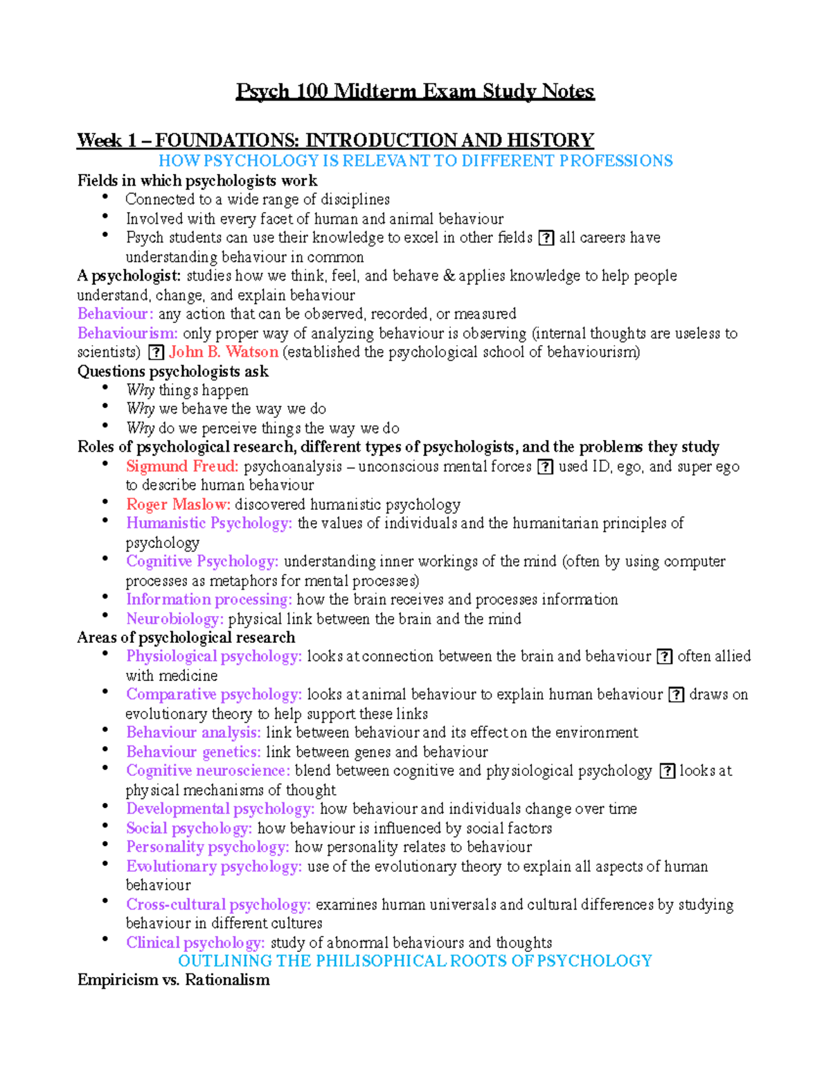 Psych 100-2017 fall midterm review notes - Psych 100 Midterm Exam Study ...