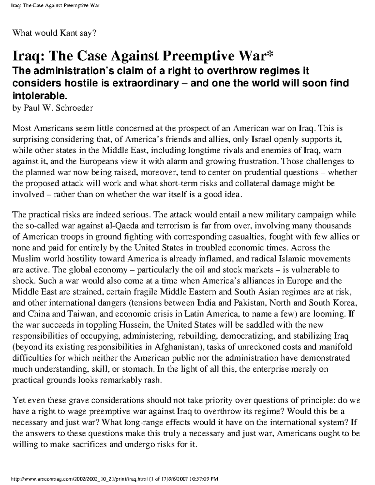 Iraq: The Case Against Preemptive War - A Critical Analysis (PHIL 301 ...