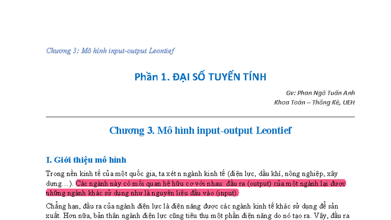 Chương 3: Mô hình Input-Output Leontief - ĐẠI SỐ TUYẾN TÍNH - Studocu