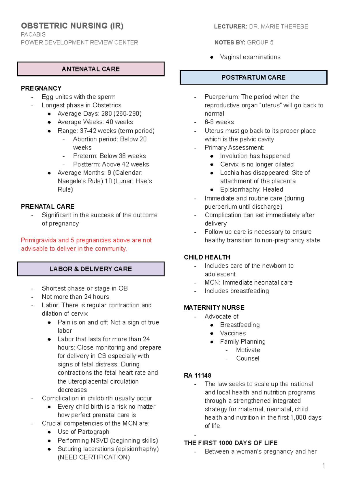 Obstetric Nursing Notes (IR): Comprehensive Guide to Antenatal Care ...