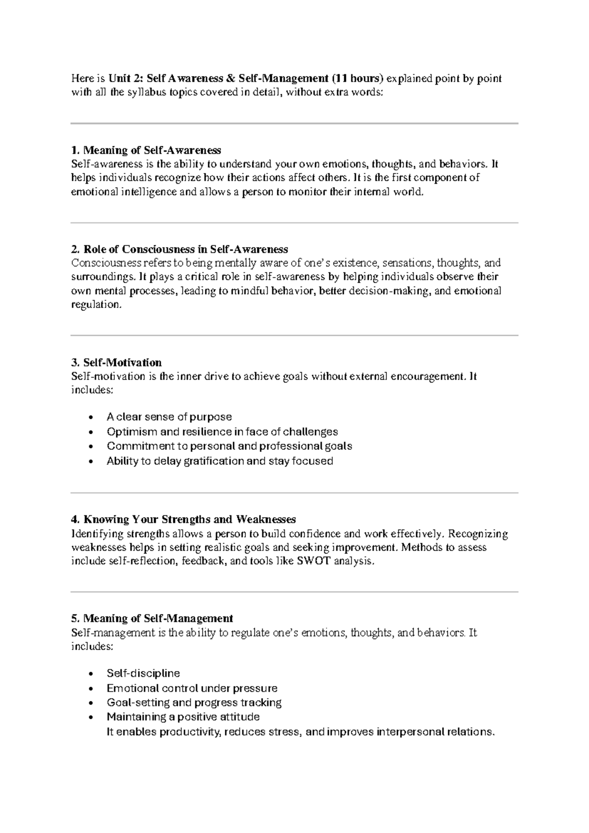Unit 2: Self Awareness Overview and Key Concepts (ECO 101) - Studocu