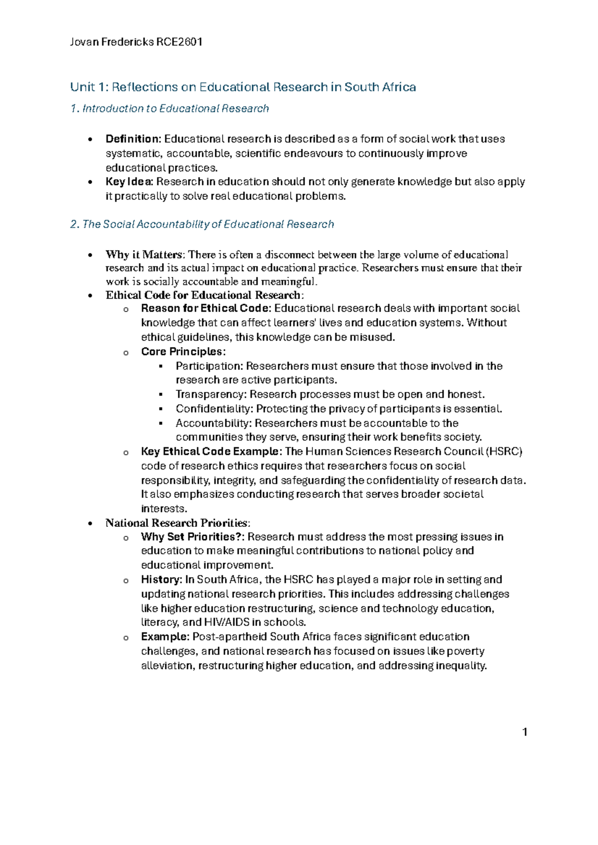 Educational Research Reflection Notes - RCE 101 by J Fredericks - Studocu