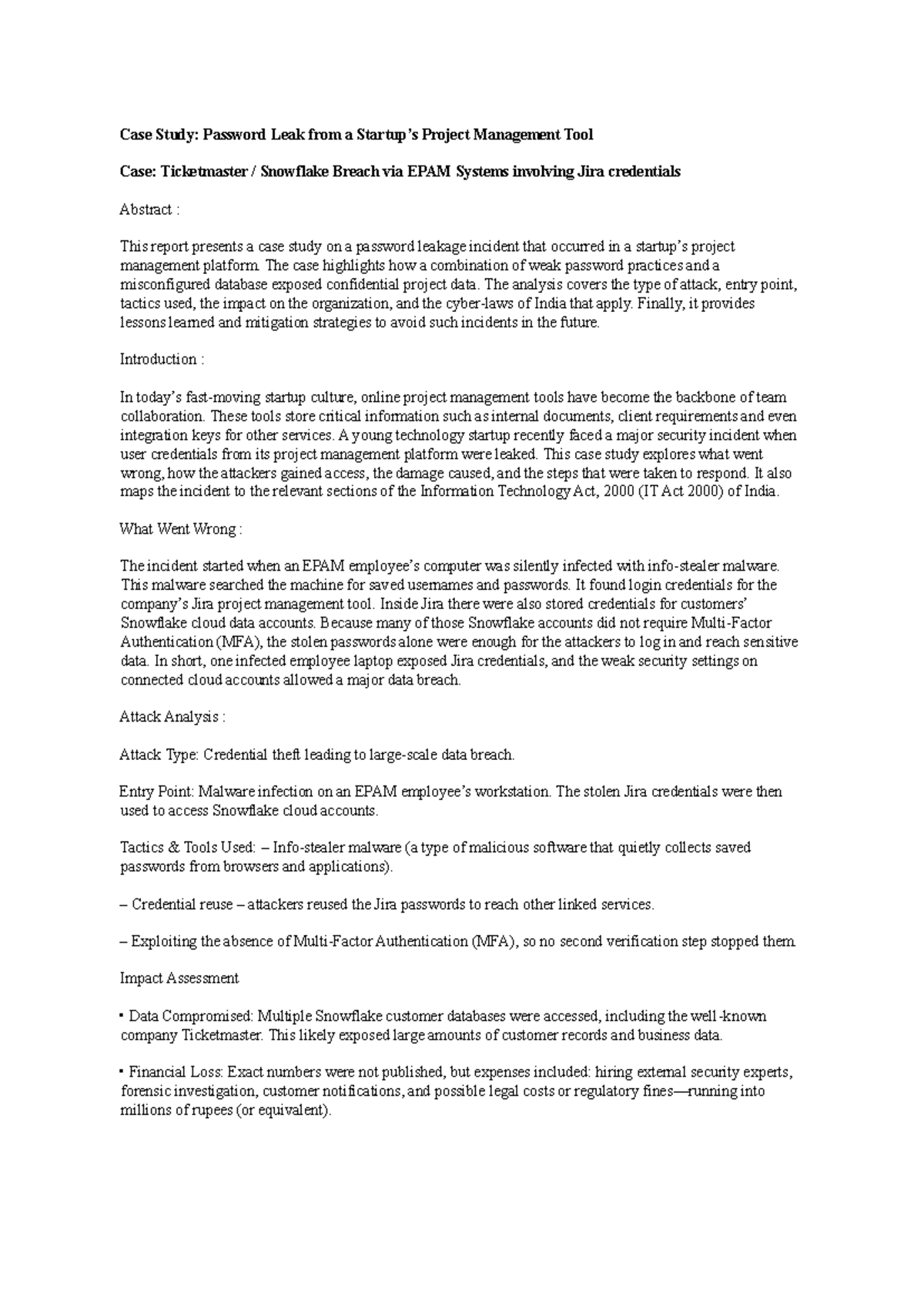 Case Study Ticketmaster Snowflake Breach & Jira Credential Leak Studocu
