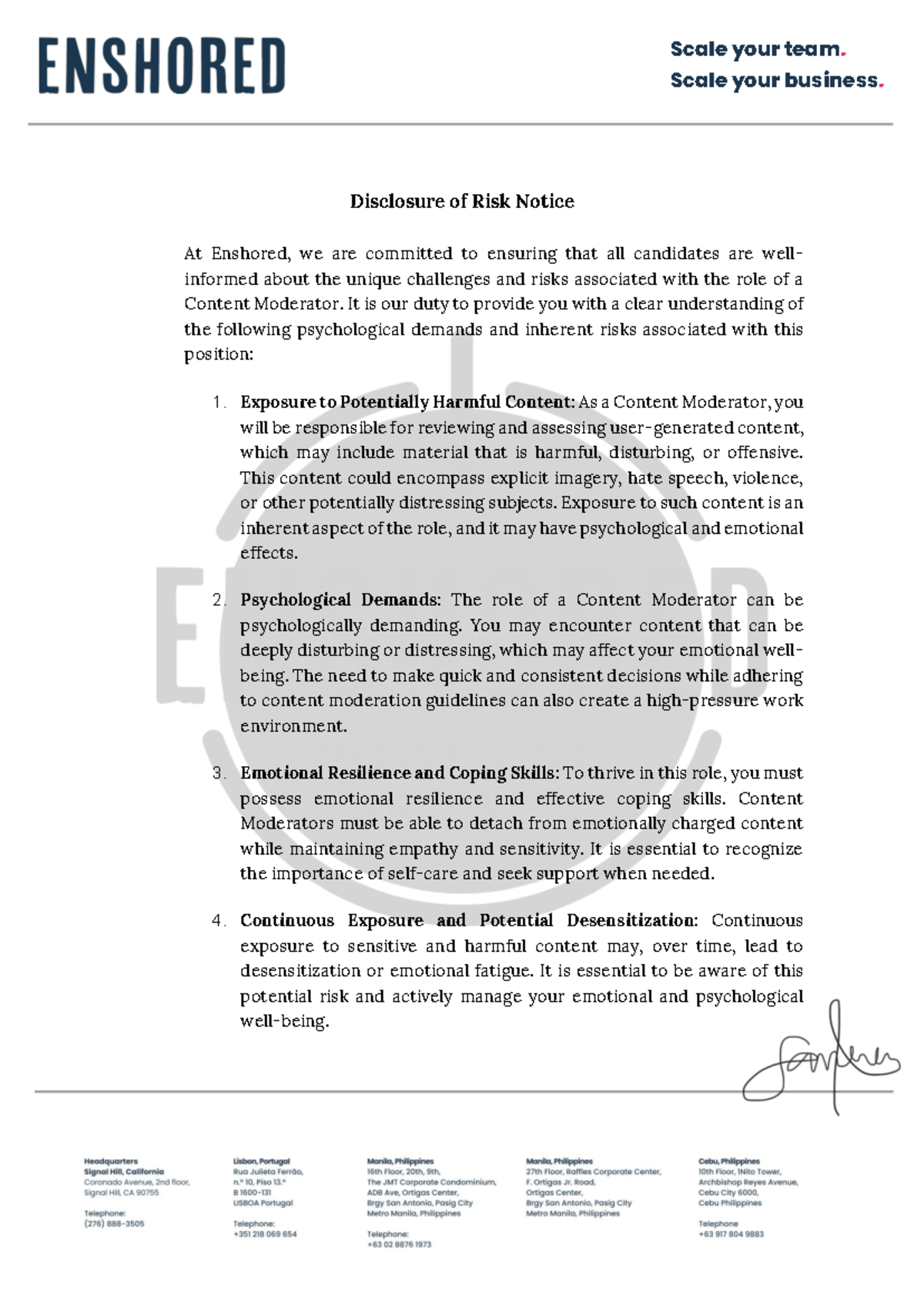 Disclosure of Risk Notice - Sanchez, Angelo - Scale your team. Scale ...