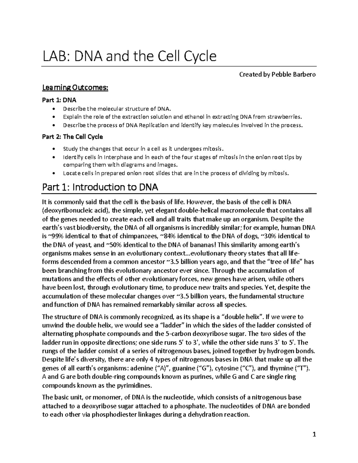 BIOL 1406, Lab #7 - DNA and the Cell Cycle - LAB: DNA and the Cell ...