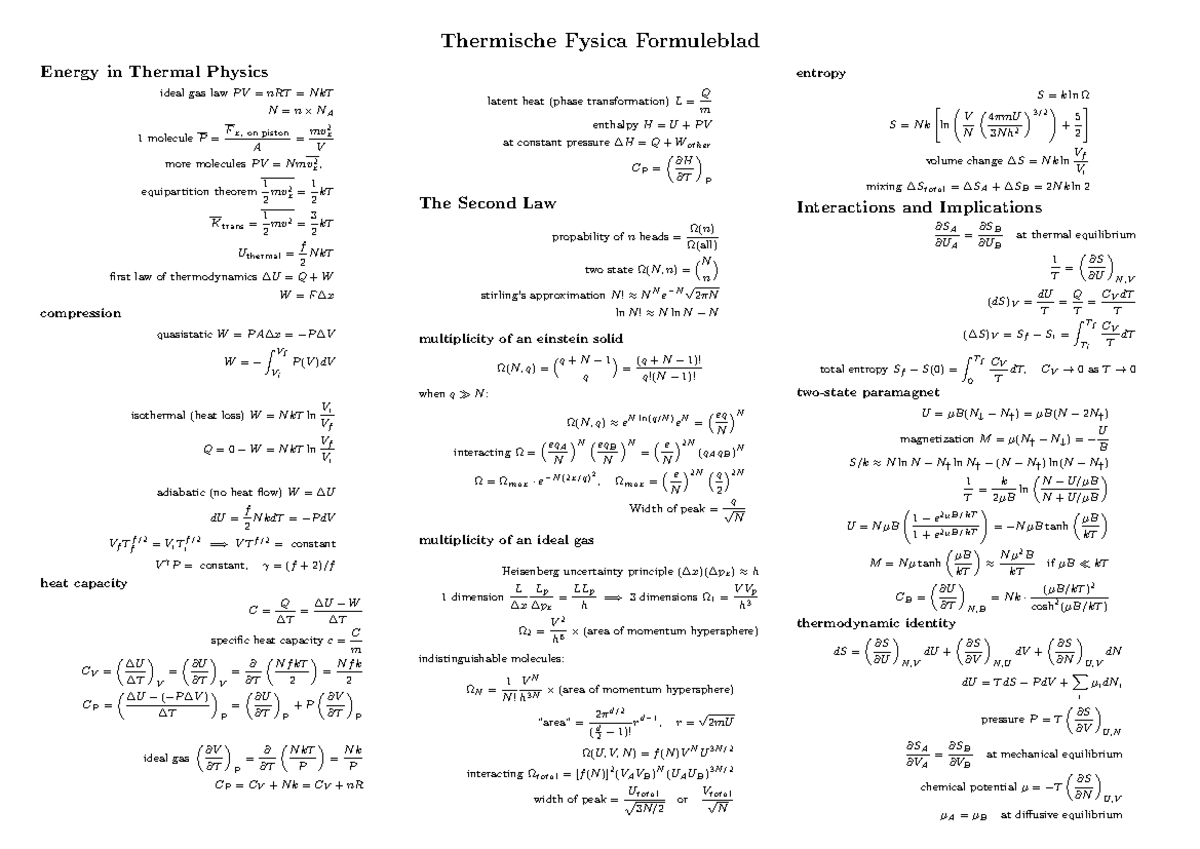 Thermische Fysica Formuleblad: Essentiële Formules en Concepten ...
