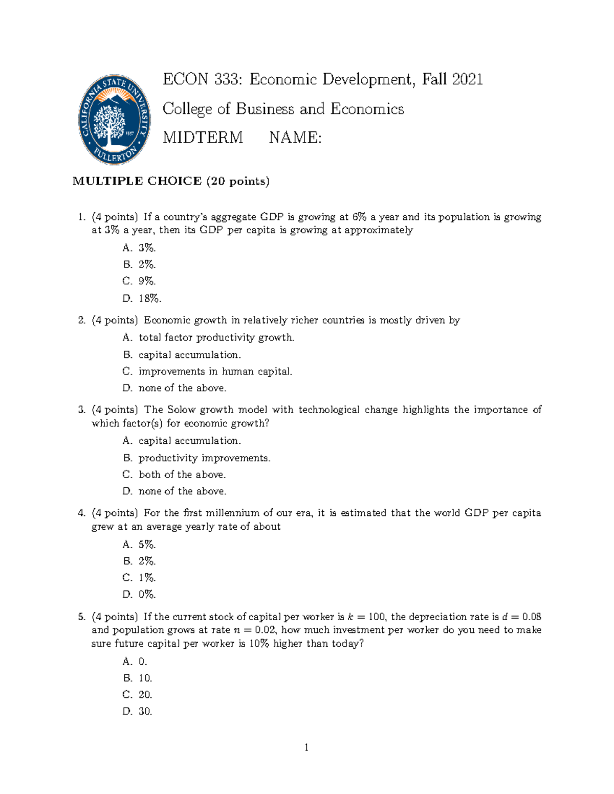 Midterm Practice Exam for ECON 333: Economic Development Concepts - Studocu