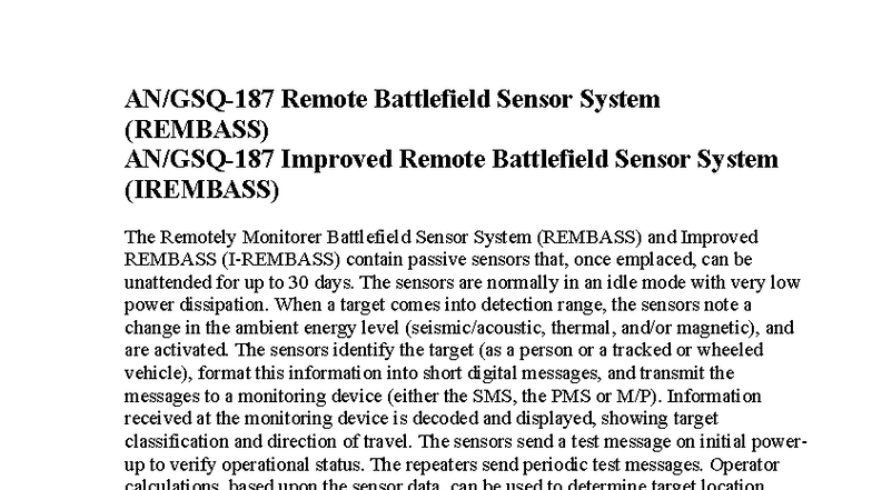 IREMBASS: Advanced Remote Battlefield Sensor System Overview - Studocu