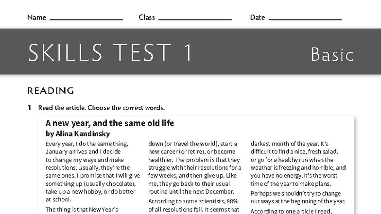 Thk2e Br E L3 Skills Test Basic Unit 1 - Na e C ass Date SKILLS TEST 1 ...