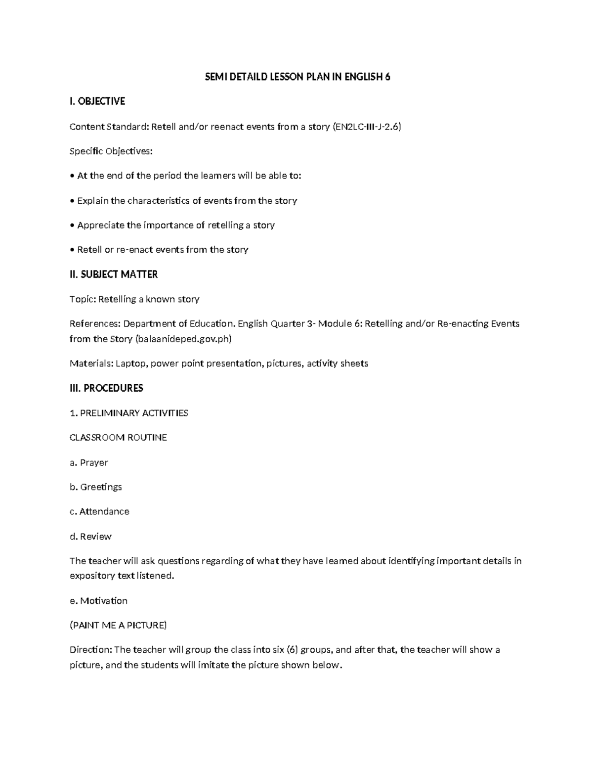 ENGLISH 6 Lesson Plan: Retelling Stories & Engaging Activities - Studocu