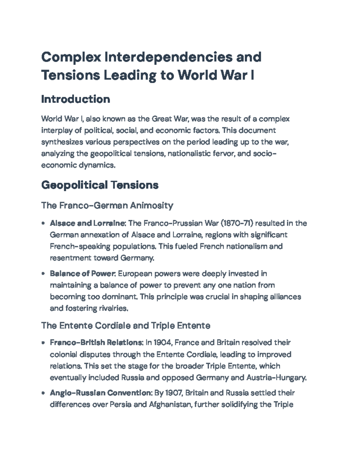 Complex Interdependencies Leading to World War I - Analysis and ...