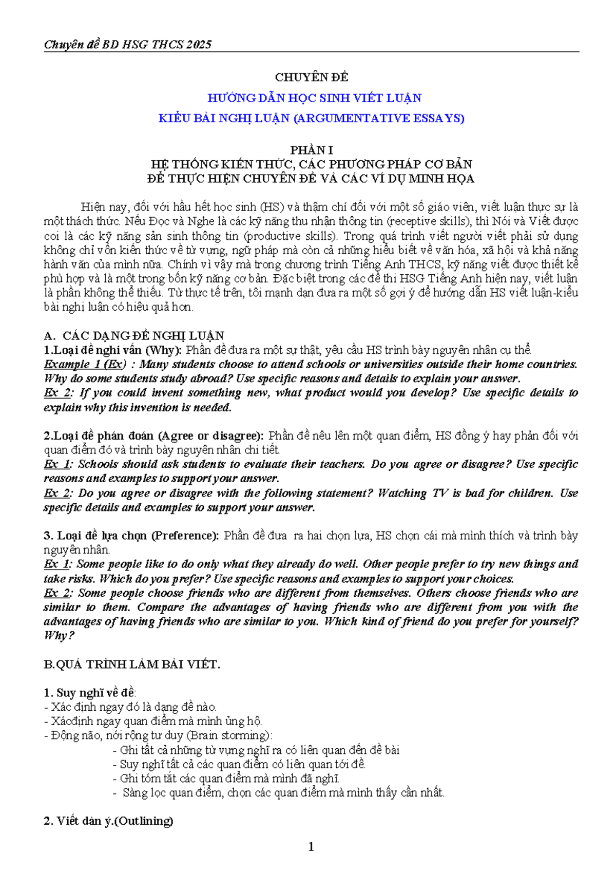 Chuyên Đề HSG THCS 2025: Hướng Dẫn Viết Luận Nghị Luận (Argumentative Essays) - Document Preview