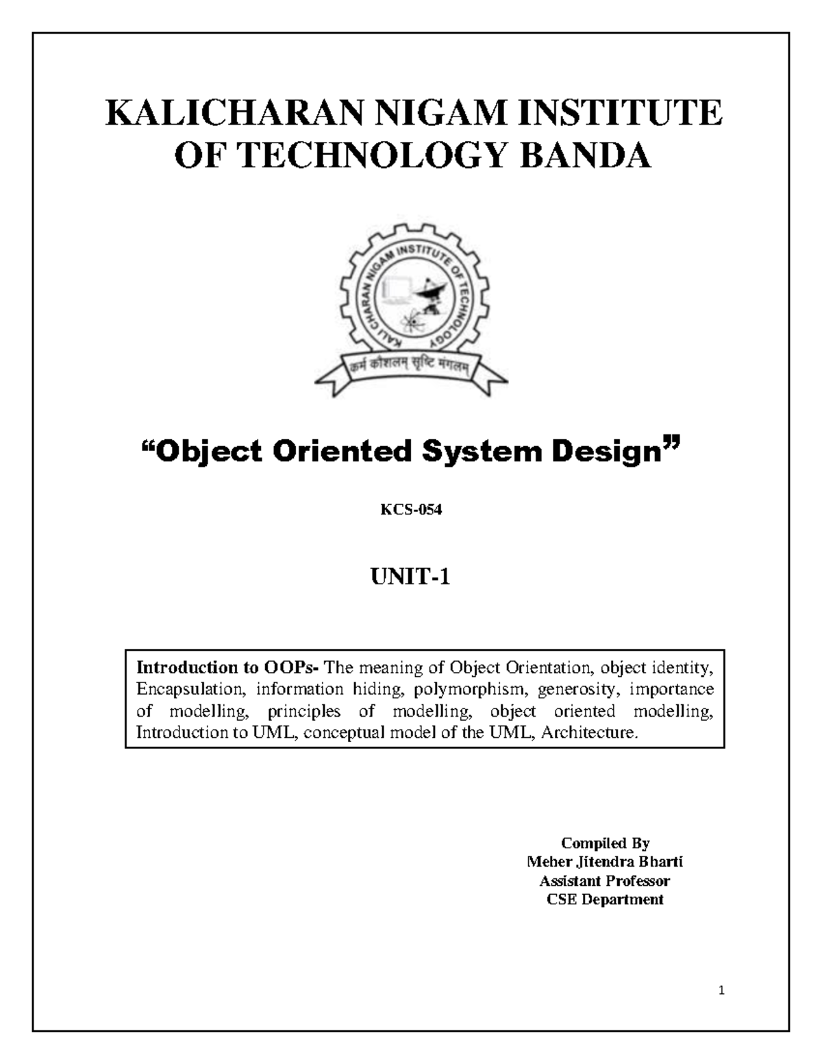 OOSD UNIT 1 - Unit 1 Oosd aktu - “Object Oriented System Design” KCS ...