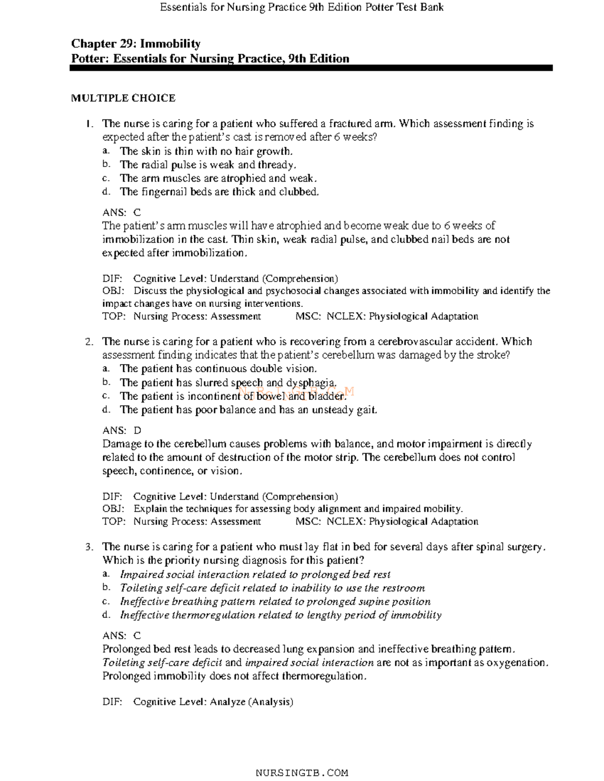 Nursing Practice Essentials 9th Ed. Potter Test Bank: Chapter 29 ...