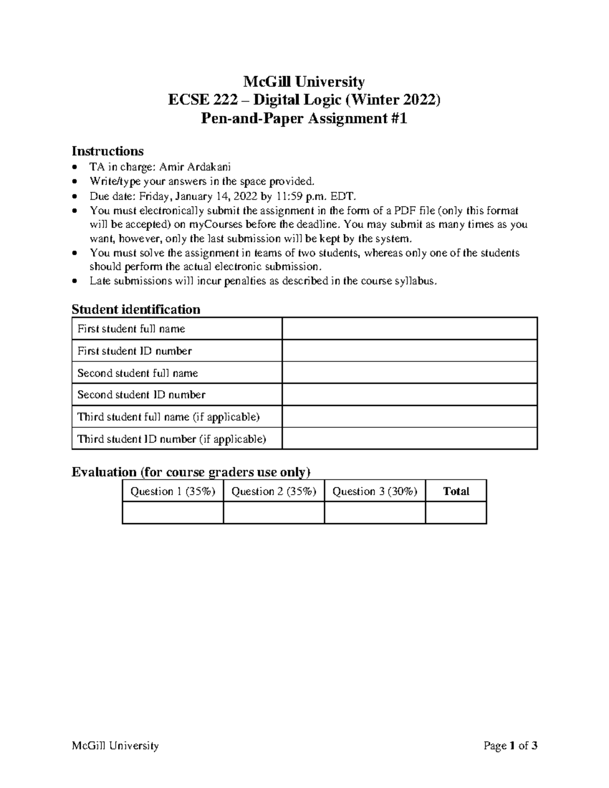 PP1 - W2022 - ECSE 222 Digital Logic Pen-and-Paper Assignment - Studocu