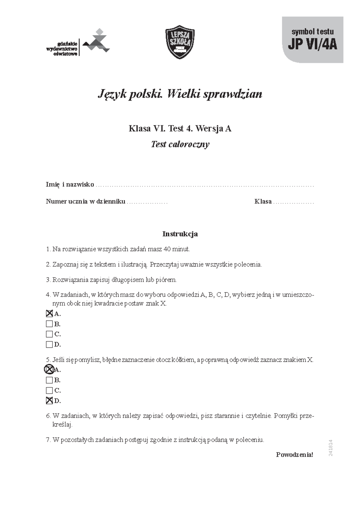 Sprawdzian Całoroczny Z Języka Polskiego Klasa 6