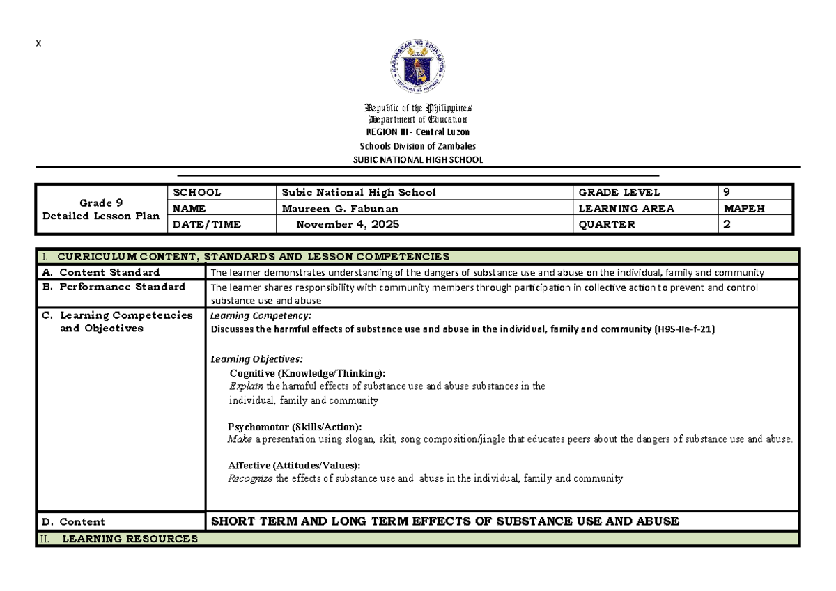 Grade 9 MAPEH 2 Detailed Lesson Plan on Substance Use and Abuse - Studocu