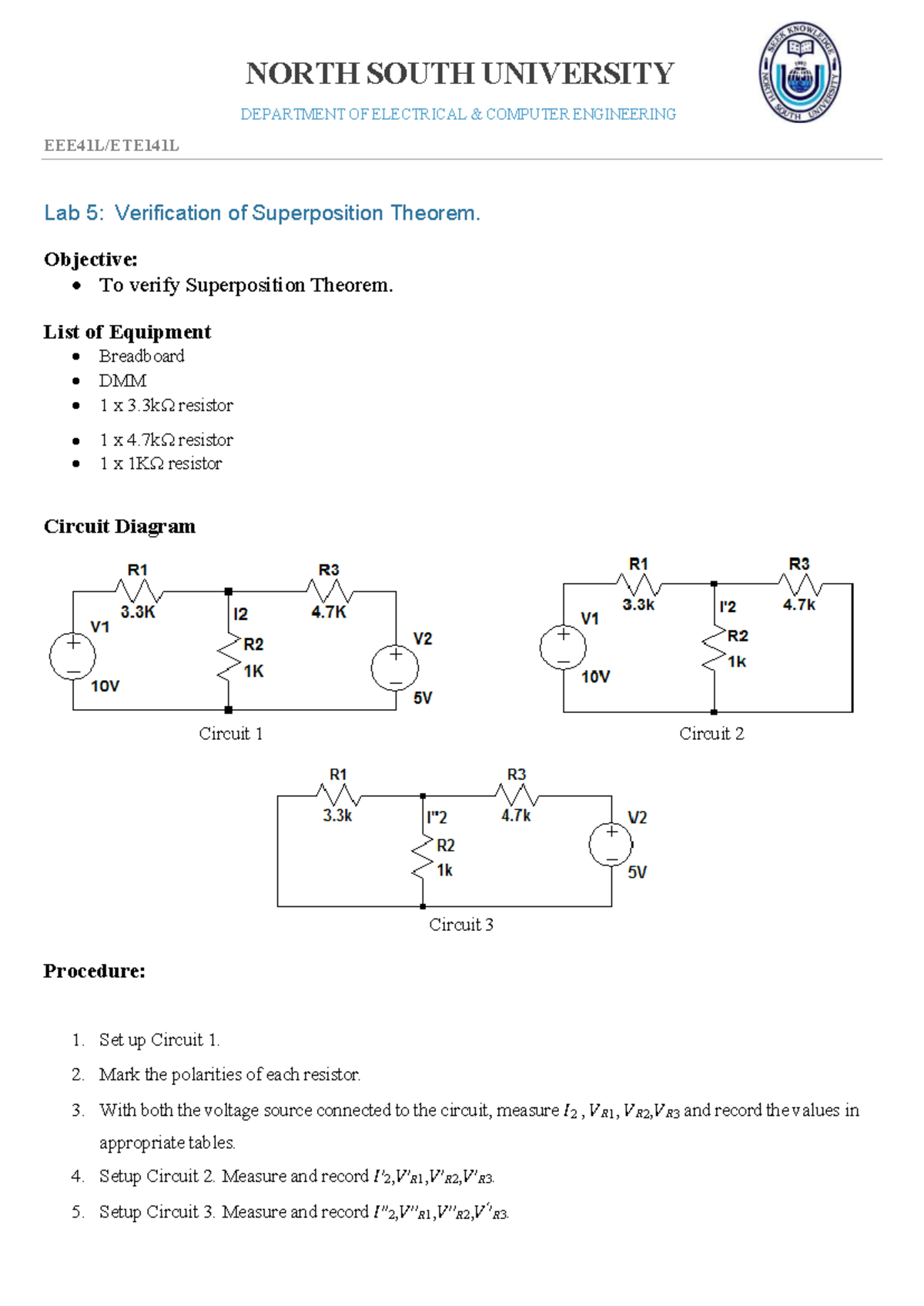 Lab 5: Verification of Superposition Theorem - ECE at NSU - Studocu