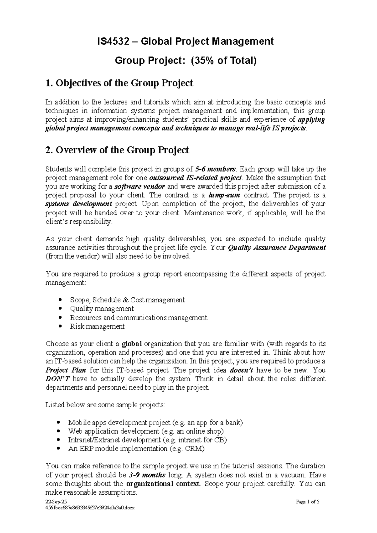 IS4532 Global Project Management Group Project Overview and Guidelines ...