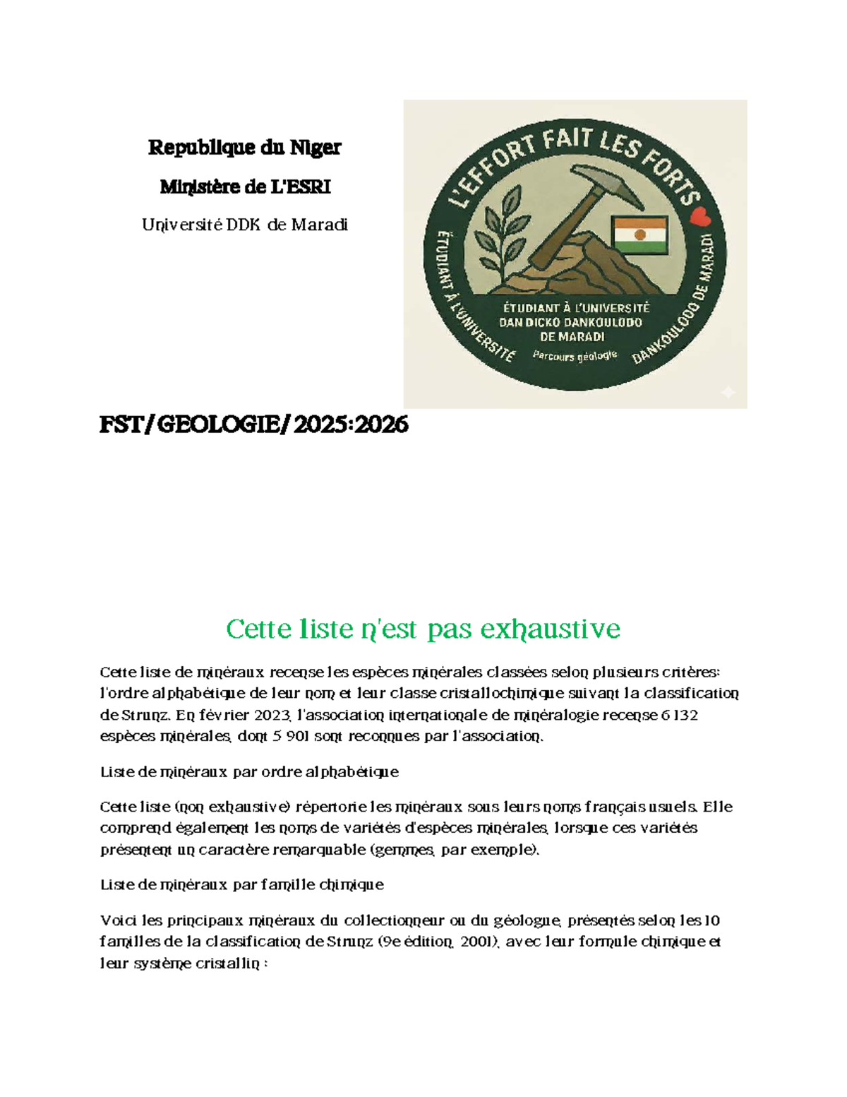 Liste des Minéraux selon la Classification de Strunz - DDK 2023 - Studocu