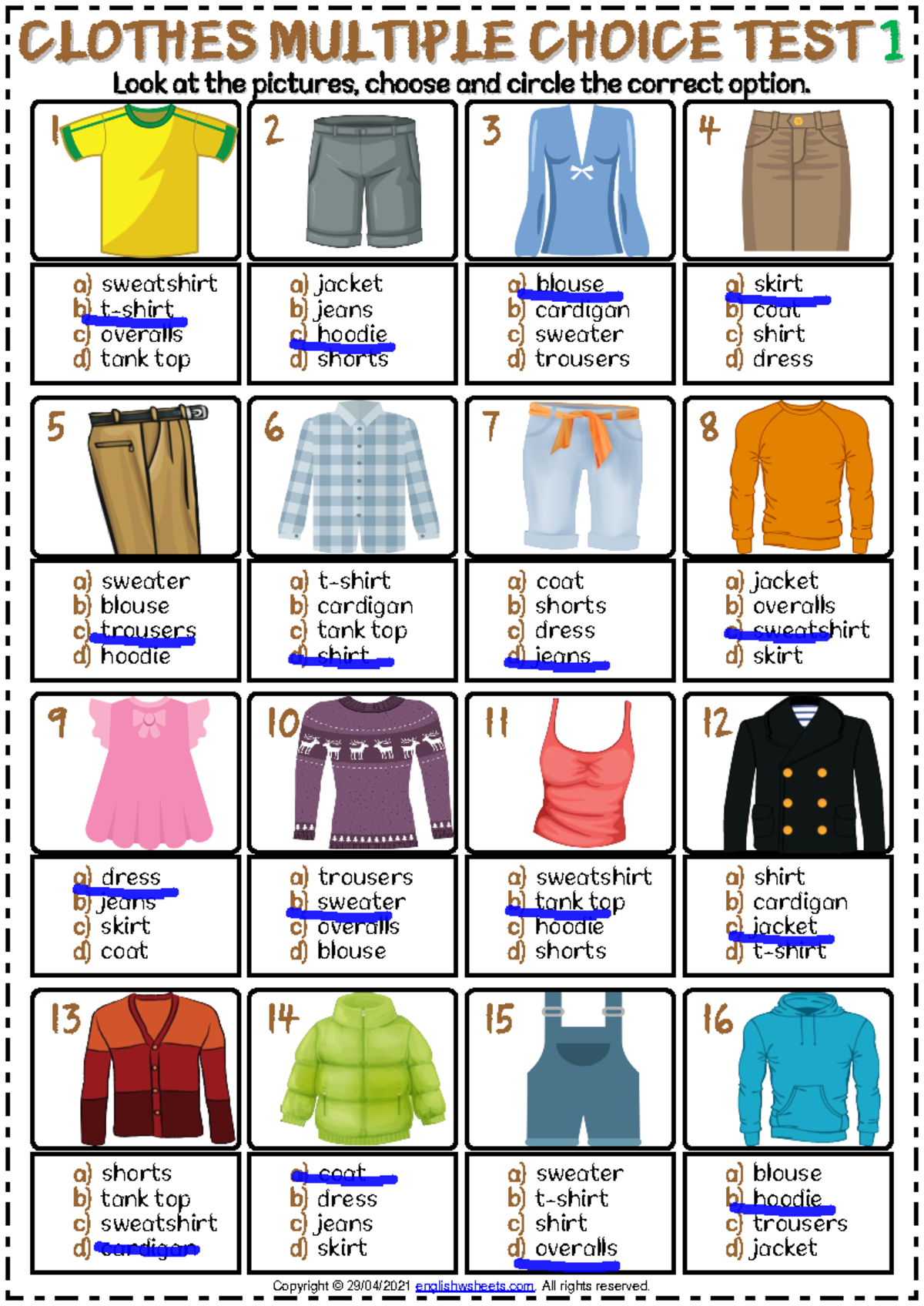 Clothes vocabulary esl multiple choice tests for kids - LLooookk aatt ...