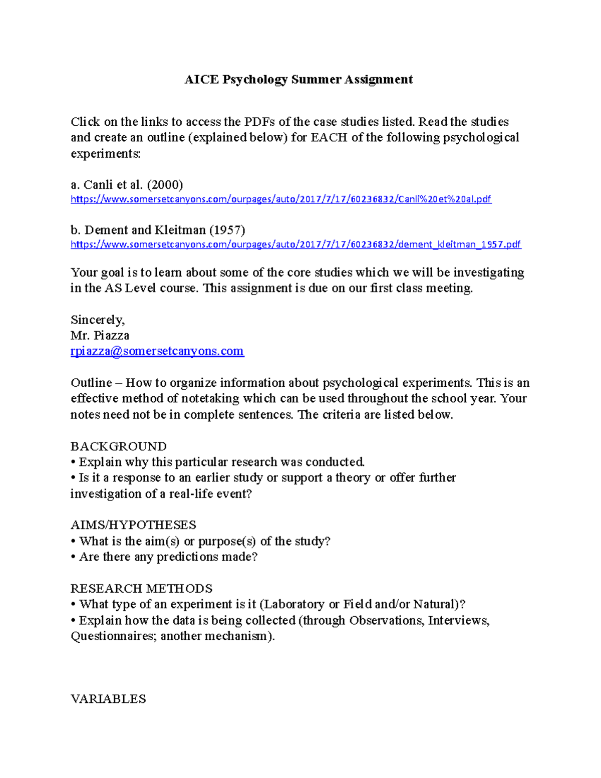 AICE Psychology Summer Assignment: Outline for Core Studies - Studocu