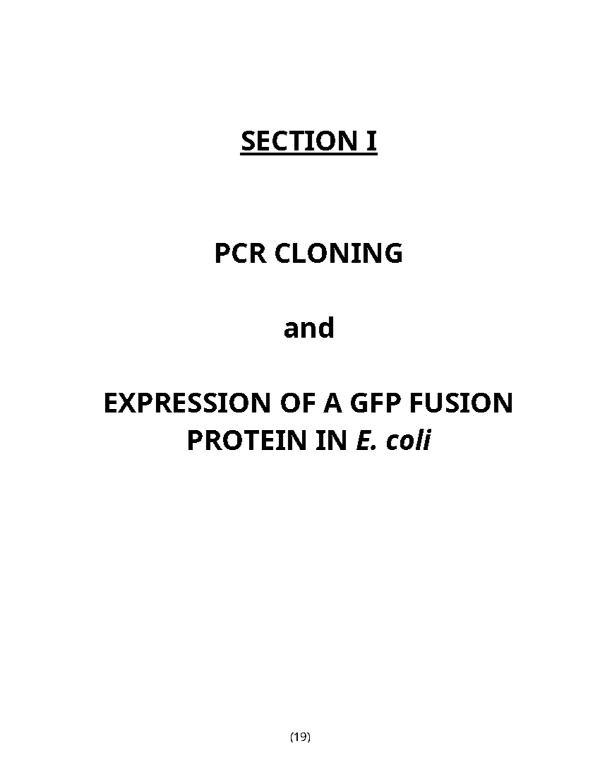 GFP Fusion Protein Cloning & Expression in E. coli - BIO 203 Lab Manual ...