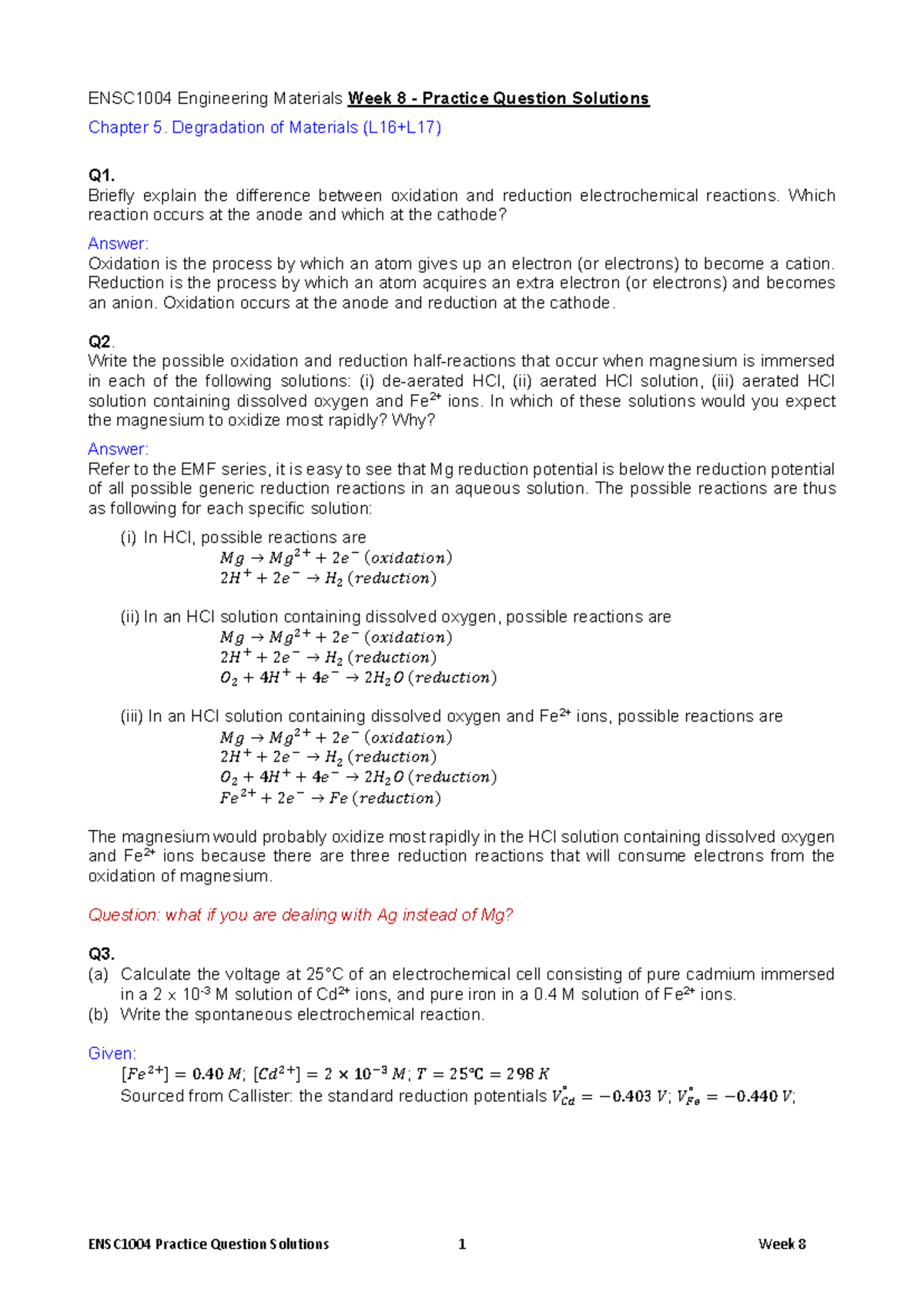 W-8 Practice Question Solutions - ENSC1004 Engineering Materials Week 8 ...