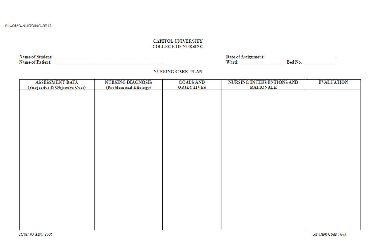 NCP Form - can help u - Health Assessment - CAPITOL UNIVERSITY COLLEGE ...