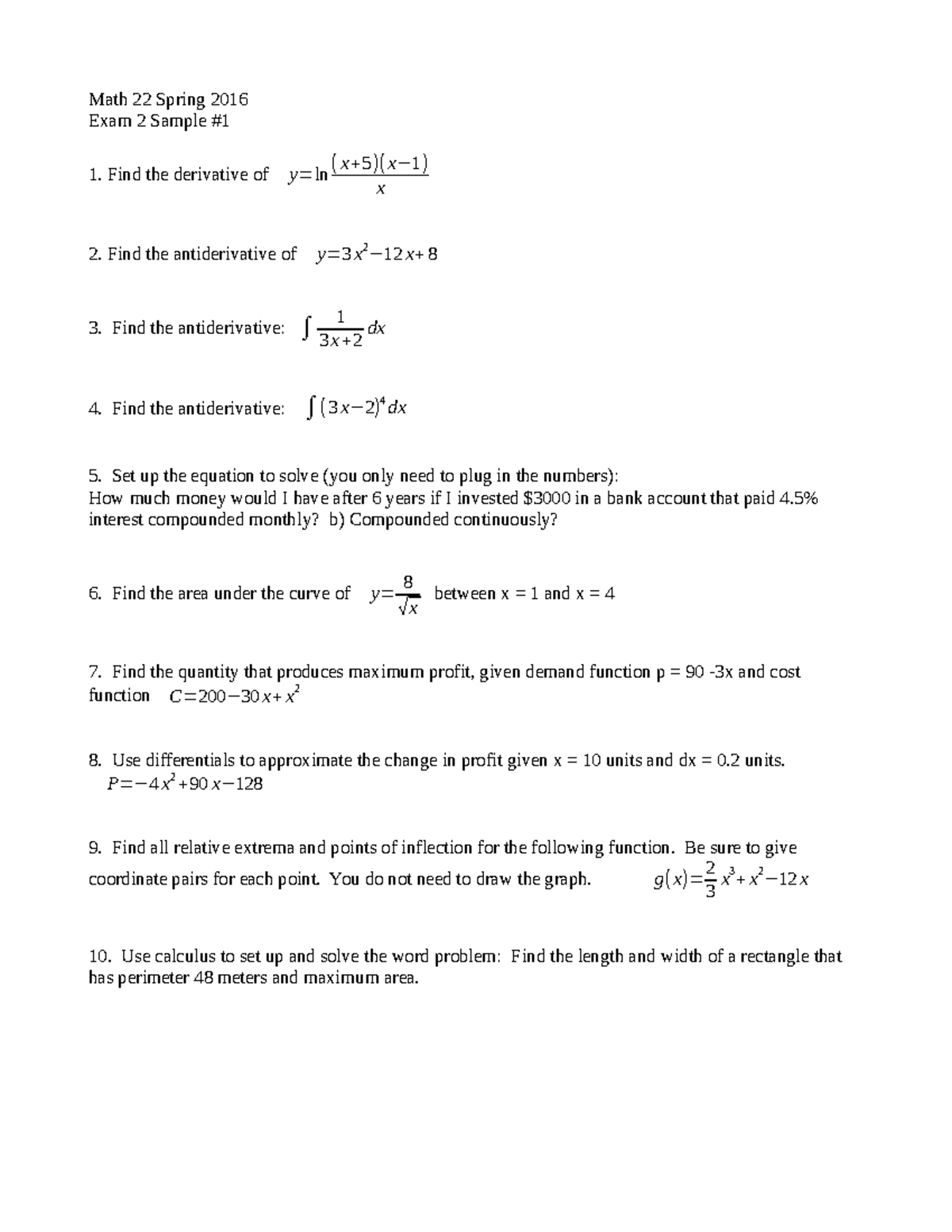 Math22exam2sample 1 - Use this as a sample exam for exam2 - Math 22 ...