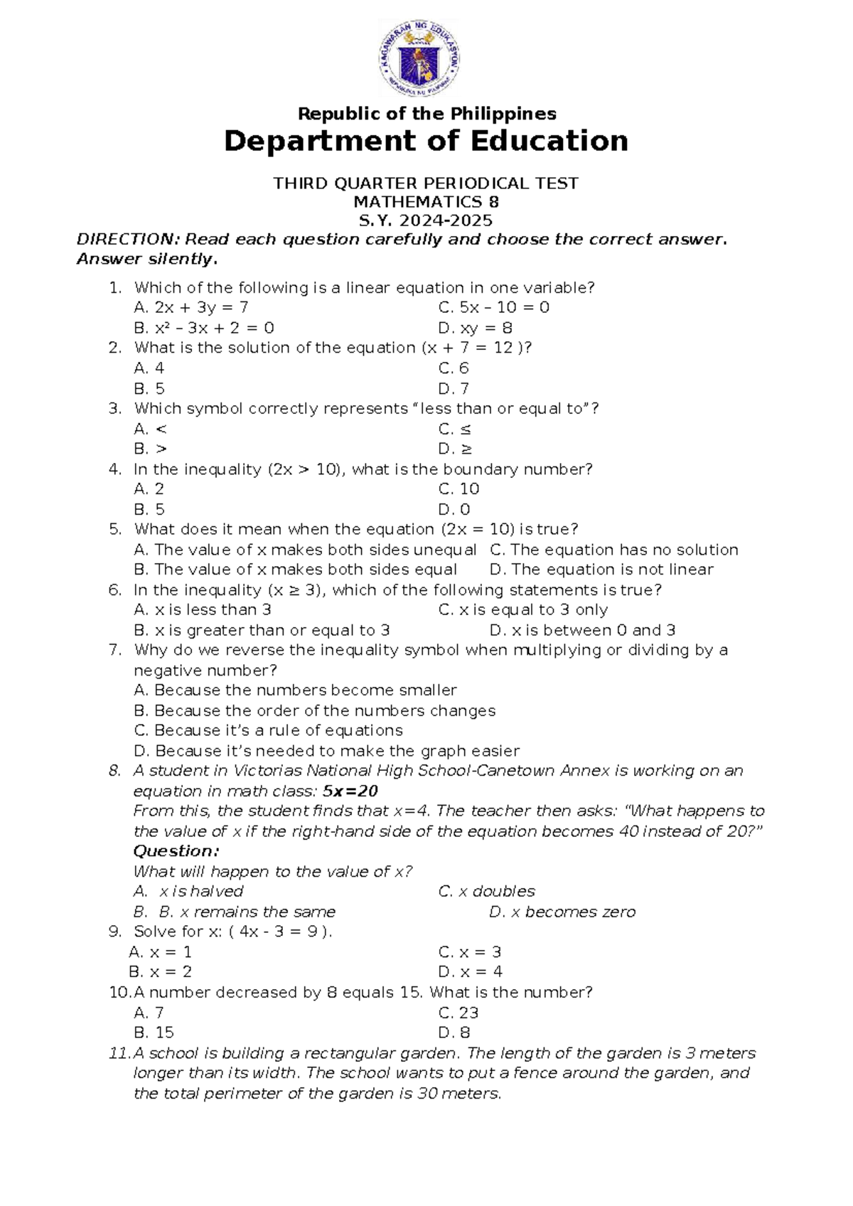 Math 8 Q3 Periodical Test - Comprehensive Review - Studocu