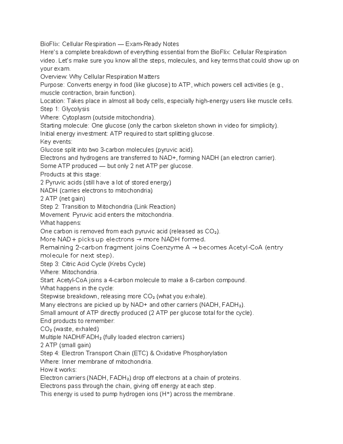 BioFlix: Cellular Respiration Exam Study Guide Notes - Studocu