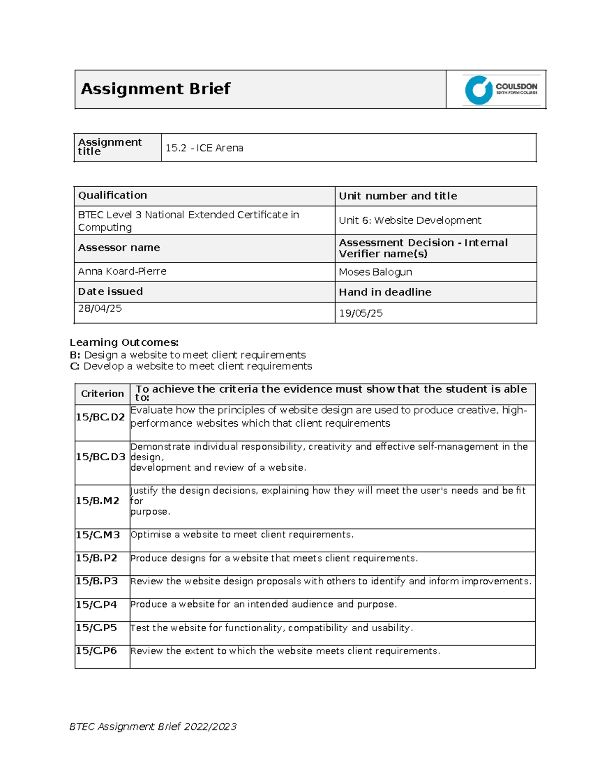 BTEC Level 3 Unit 6: Website Development Assignment Brief 6.2 - Studocu