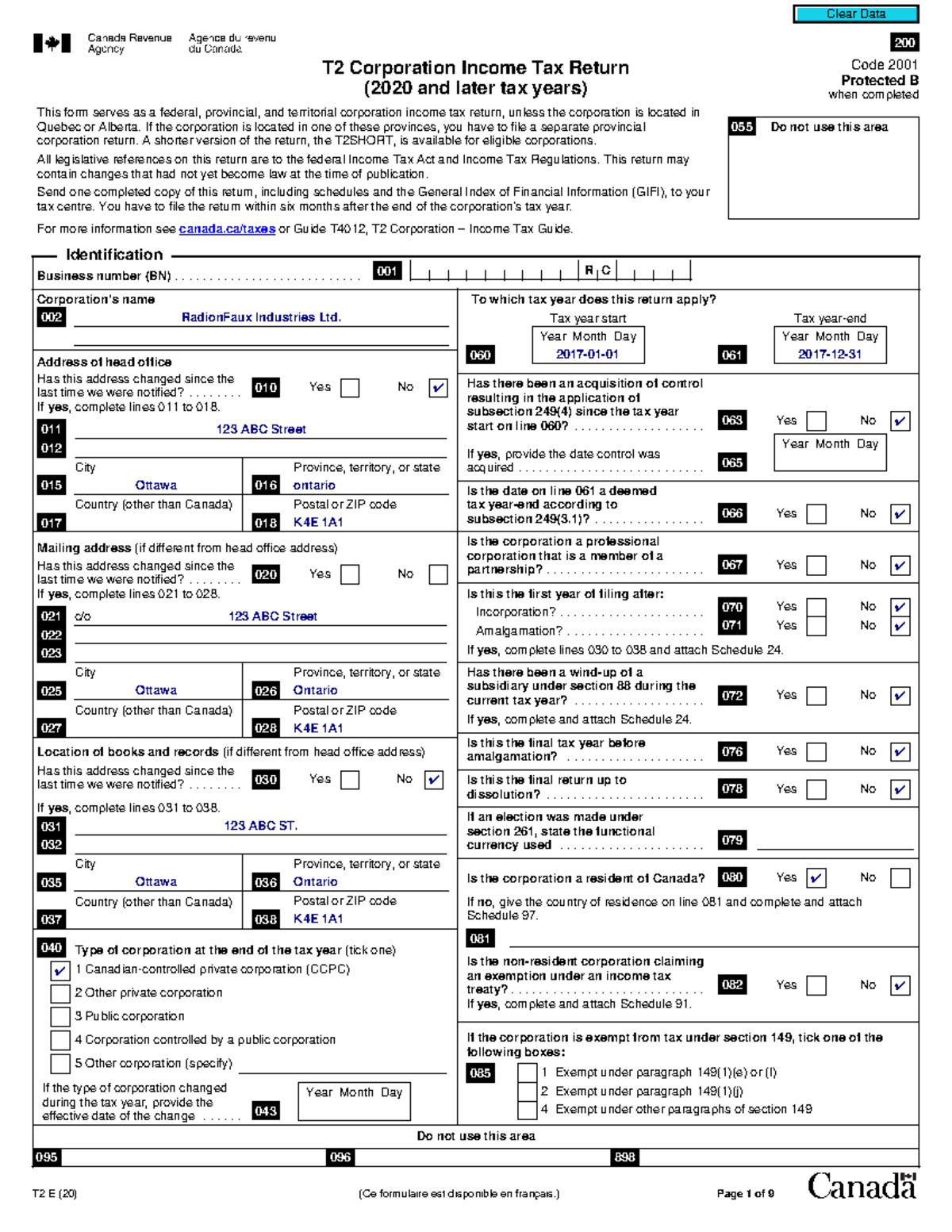T2 Corporate Income tax return - 200 Code 2001 Protected B when ...