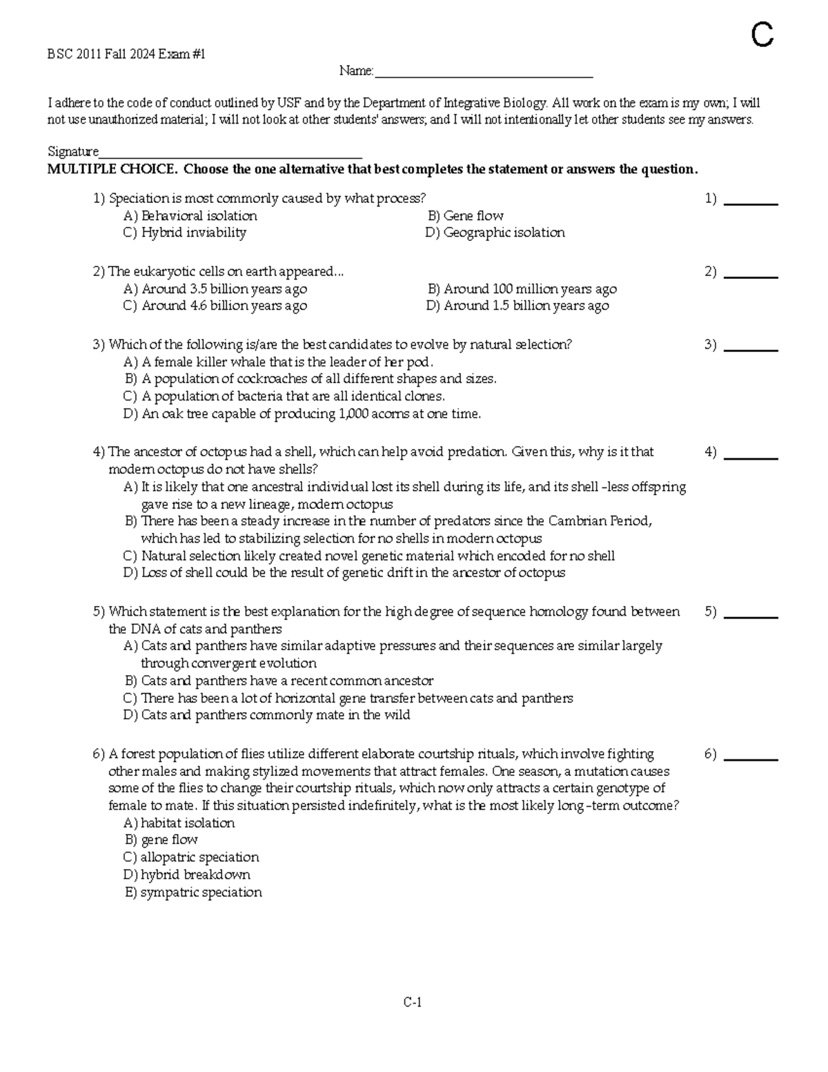 BSC 2011 Fall Exam 1C: Multiple Choice Questions & Instructions - Studocu