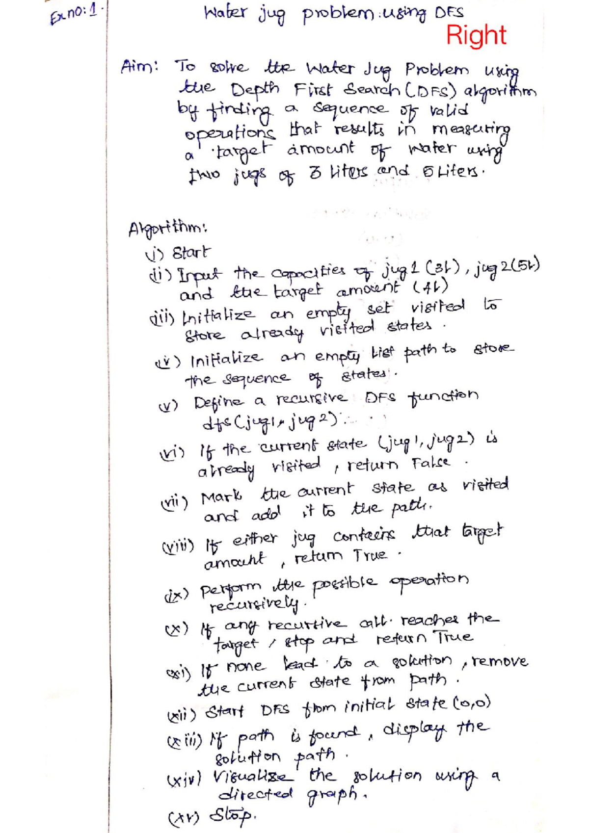 NNML Ex 1: Water Jug Problem Solution Using DFS Algorithm - Studocu