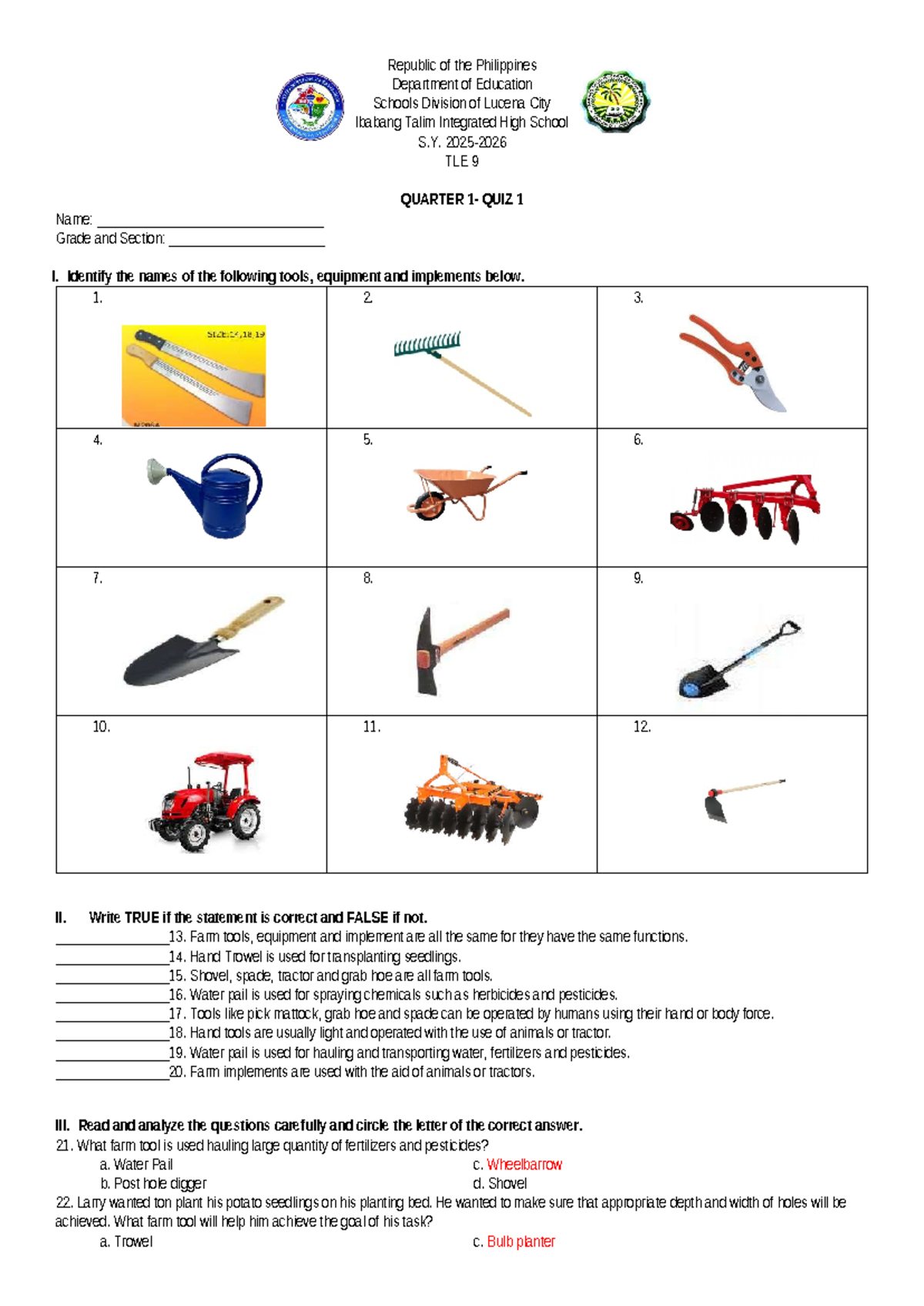 TLE 9 S.Y. Quiz 1: Farm Tools & Equipment Identification - Studocu