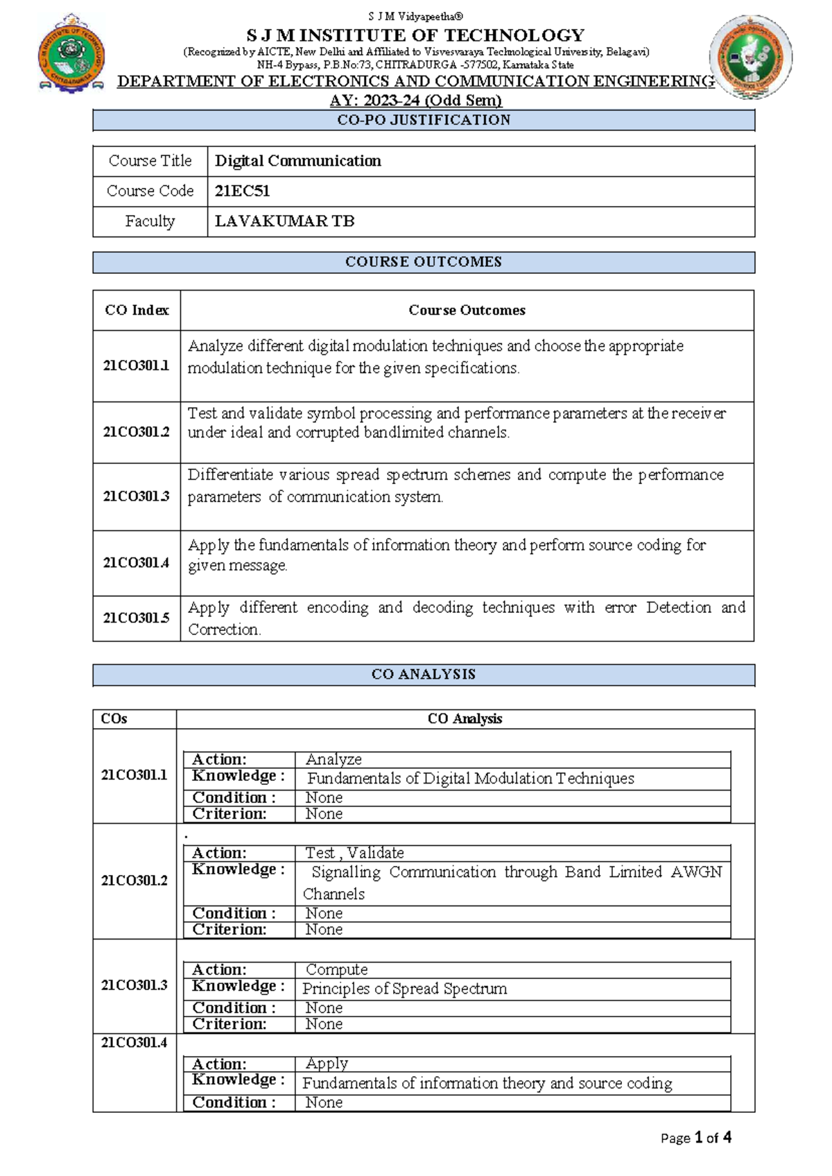 Final 21EC51 CO-PO Mapping for Digital Communication Course - Studocu