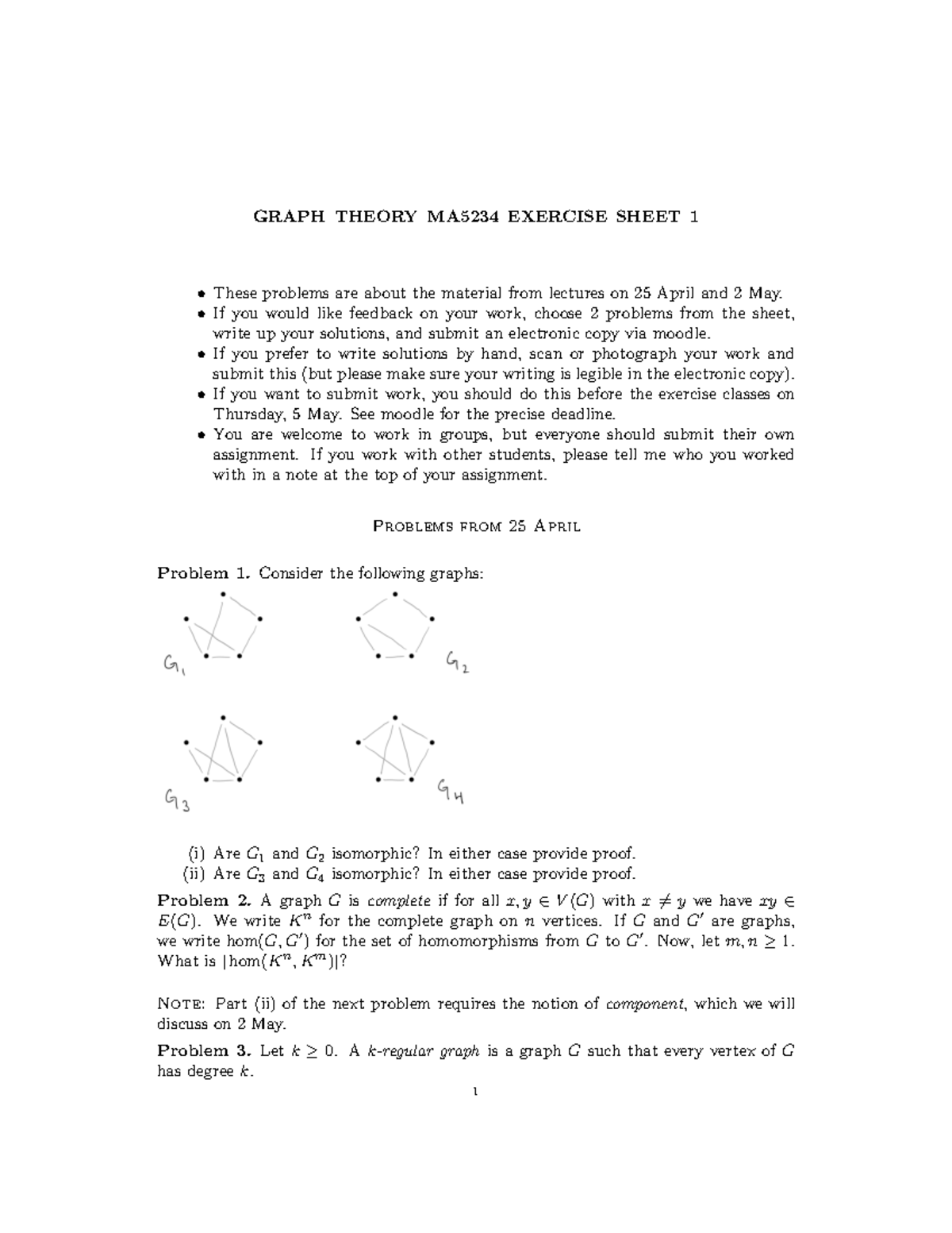 MA5234 Graph Theory Exercise Sheet 1 - Feedback and Submission Details ...