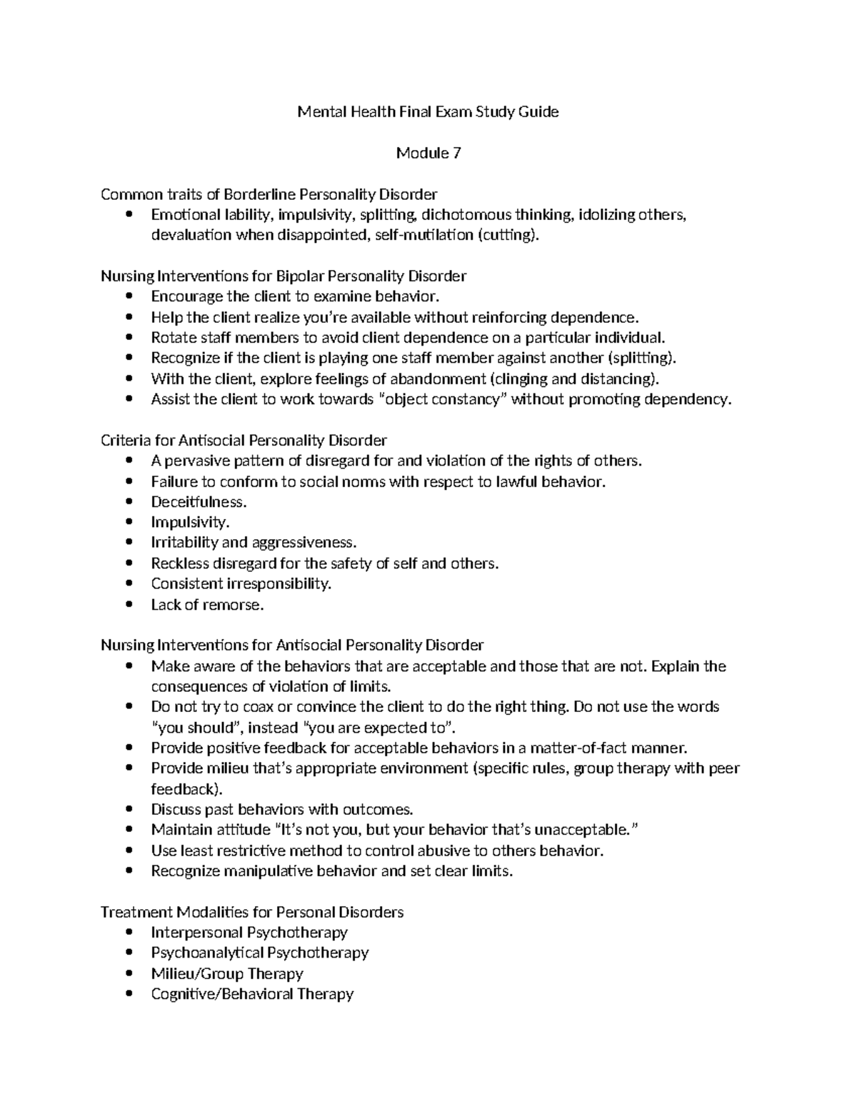 Mental Health Final Exam Study Guide - Nursing Interventions for ...