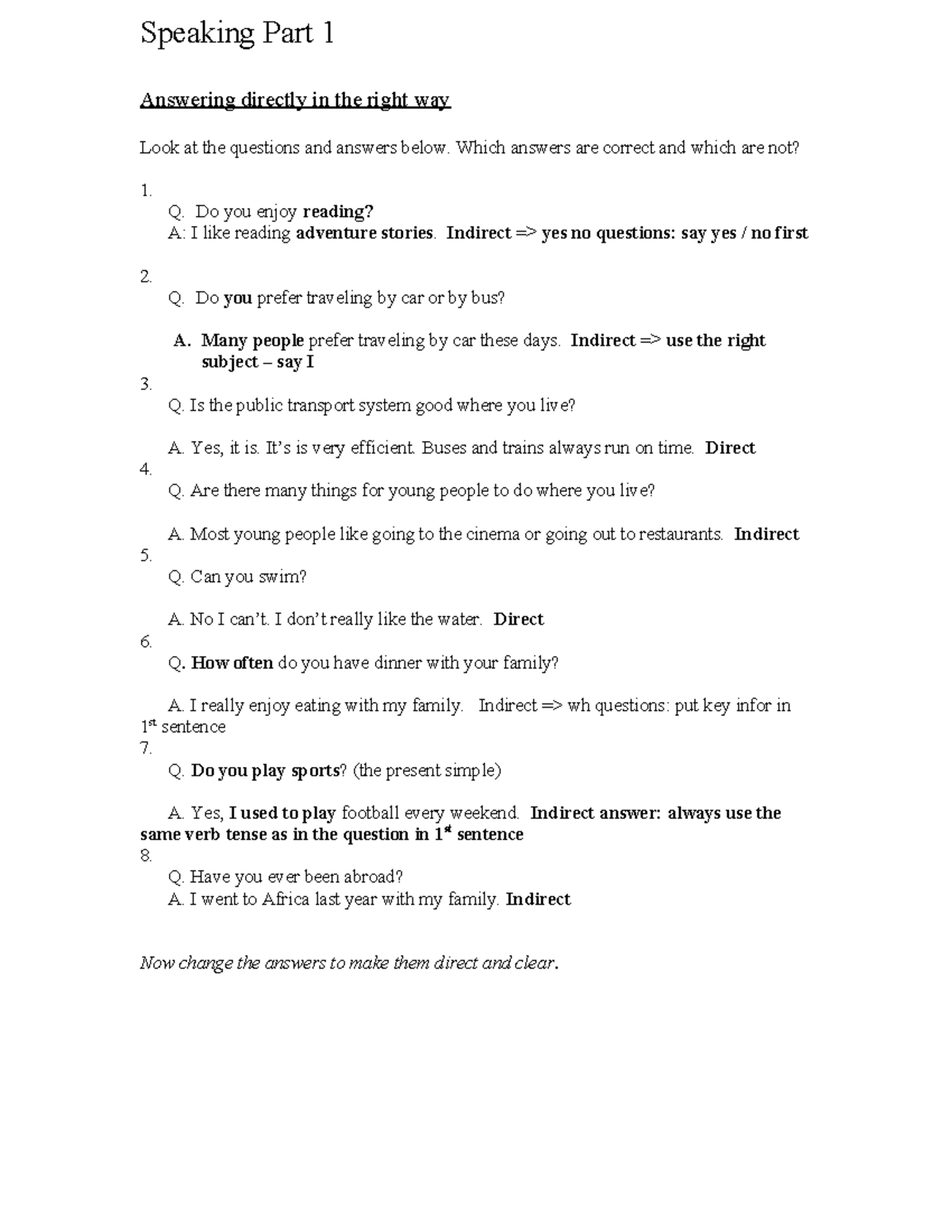 Handout 2A: Strategies for Directly Answering Speaking Part 1 Questions ...