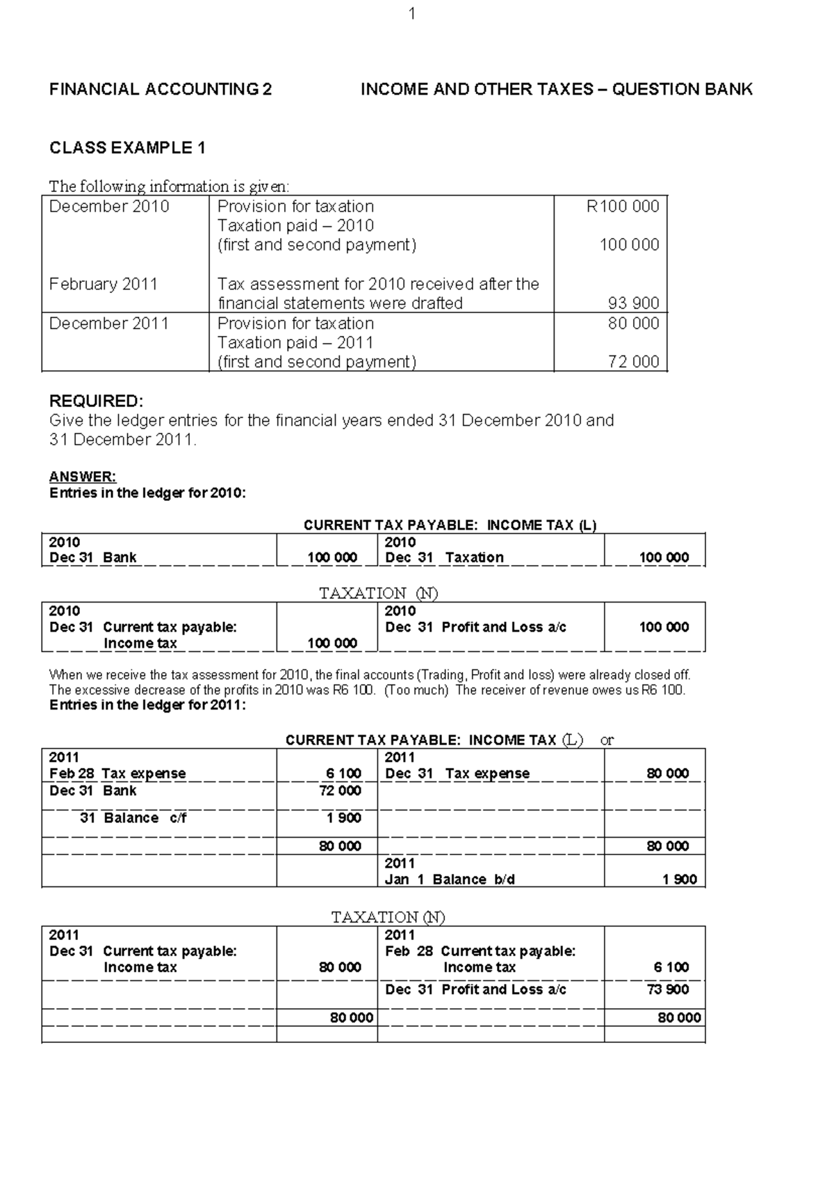 Taxation Question Bank (FIN ACC 1) - Income Tax Ledger Entries ...