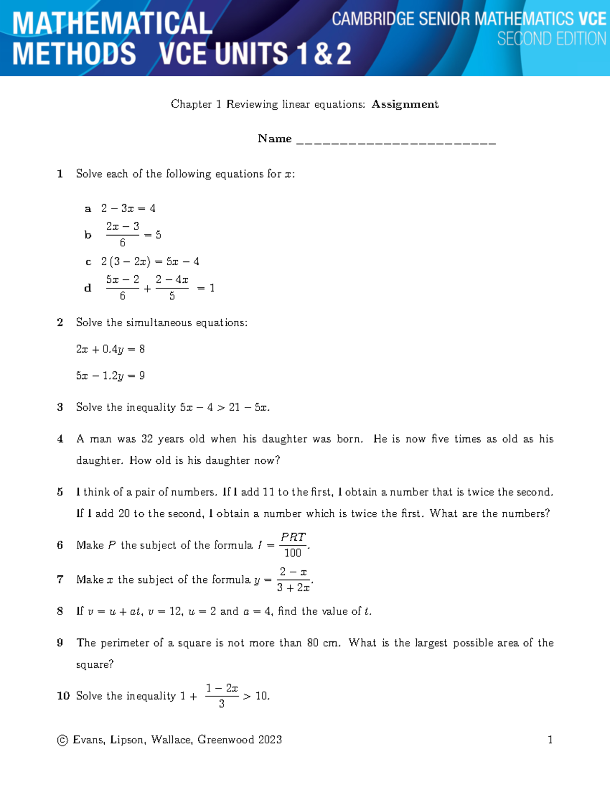 Chapter 1 Assignment Solutions: Linear Equations Analysis - Studocu
